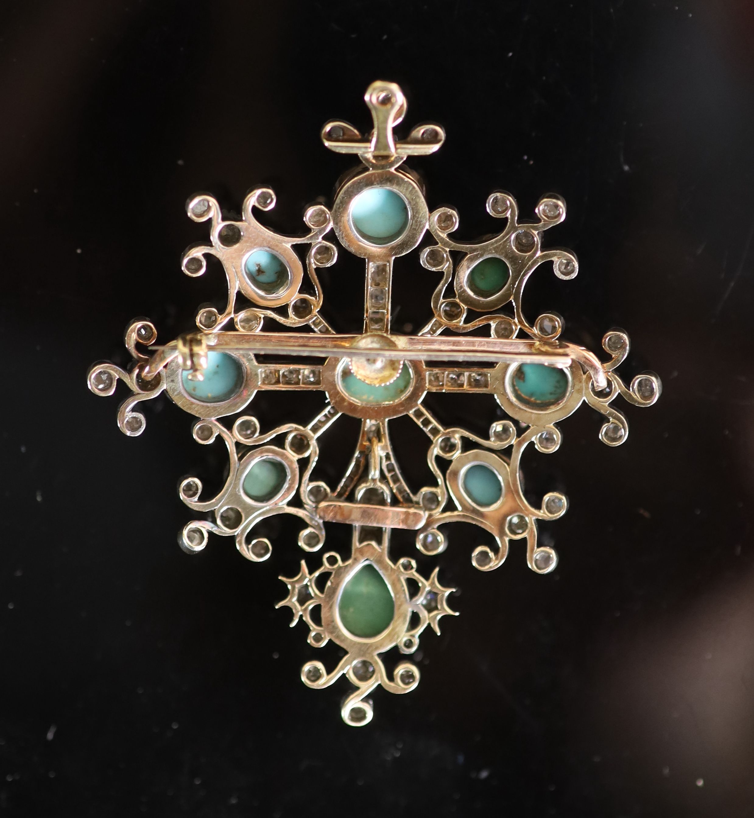 A Victorian gold, and silver, turquoise, old and rose cut diamond set pendant brooch,